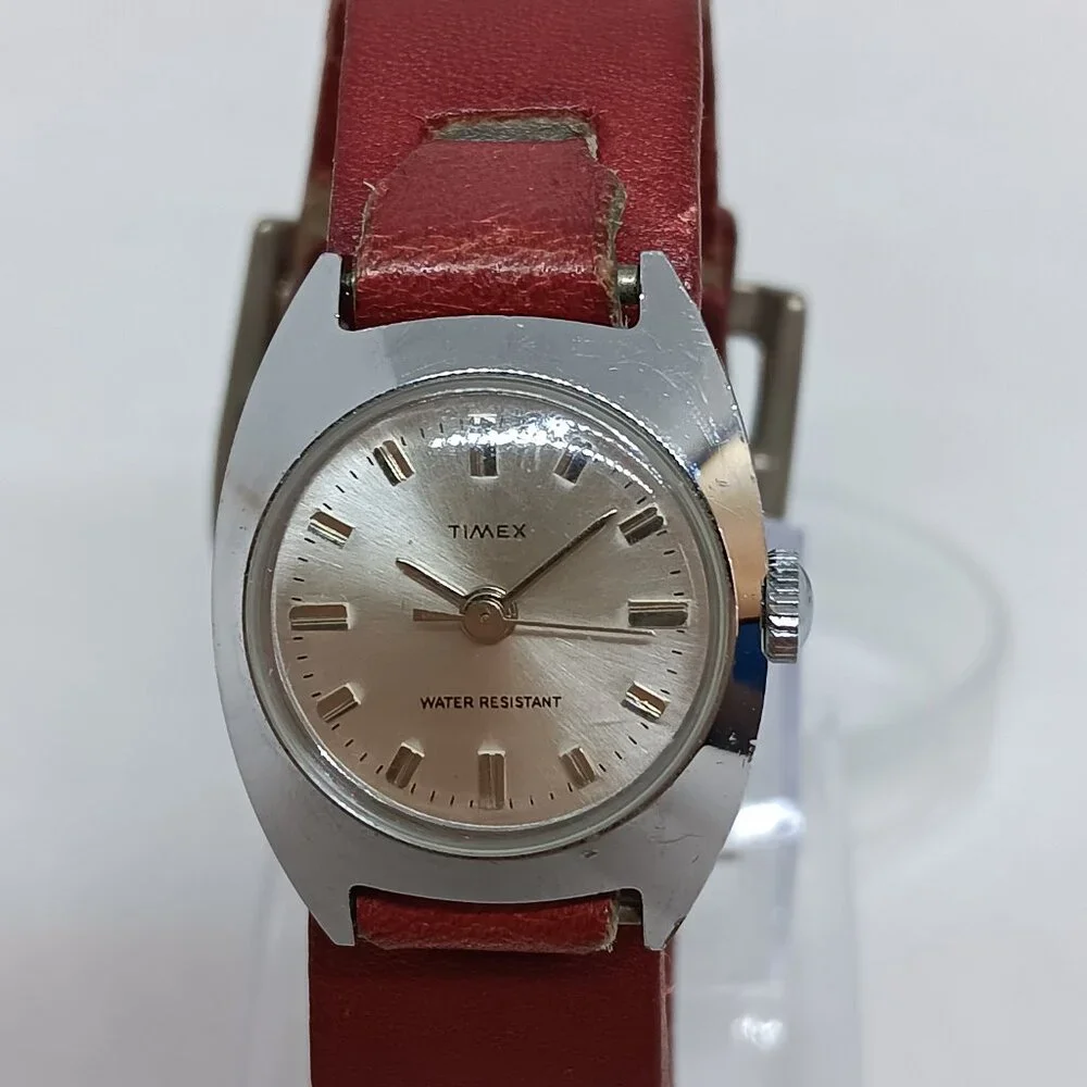 VINTAGE Timex Manual Wind Women's 24 mm Silver Tone Red Leather Bund Strap Watch